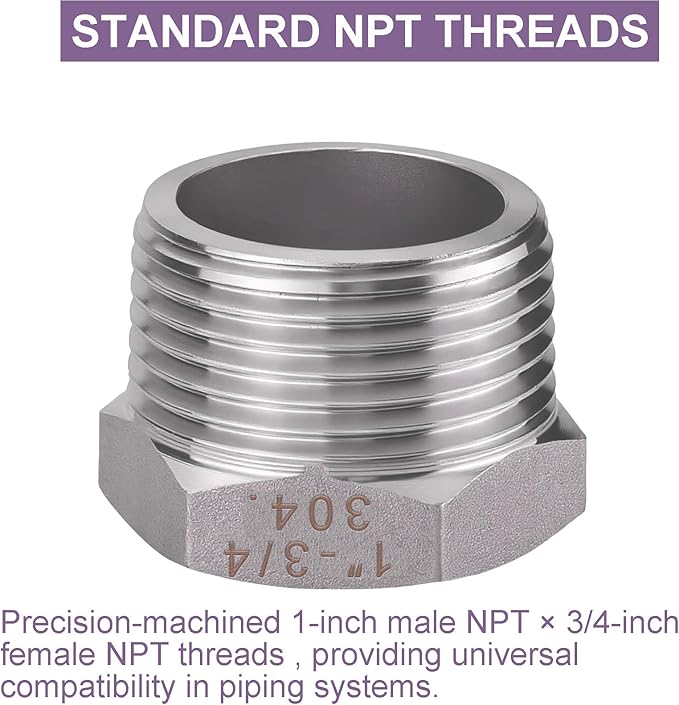 Jingzan 4 Pack 304 Stainless Steel Reducer Hex Bushing 1" Male NPT × 3/4" Female NPT Pipe Fitting Adapter with Seal Tape (1 MNPT × 3/4 FNPT)
