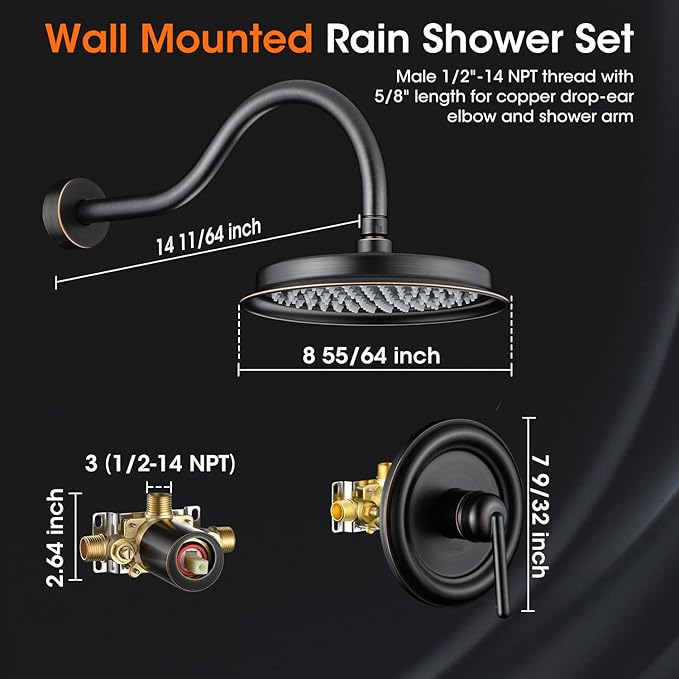 Oil Rubbed Bronze Shower System, Shower Faucet Set with Pressure Balance Valve, 9 inch Single-Function Rain Shower Head, Bathroom Shower Valve Trim Kit,High Pressure Shower Fixtures(WT-9817ORB)