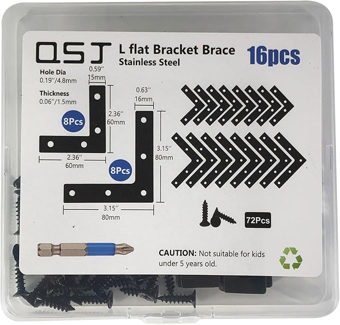 QSJ 16 Pcs L Flat Straight Brackets Corner Bracket Set 8Pcs 2.36''/8Pcs 3.15'' Bracket Brace Mending Plate Stainless Steel for Wood