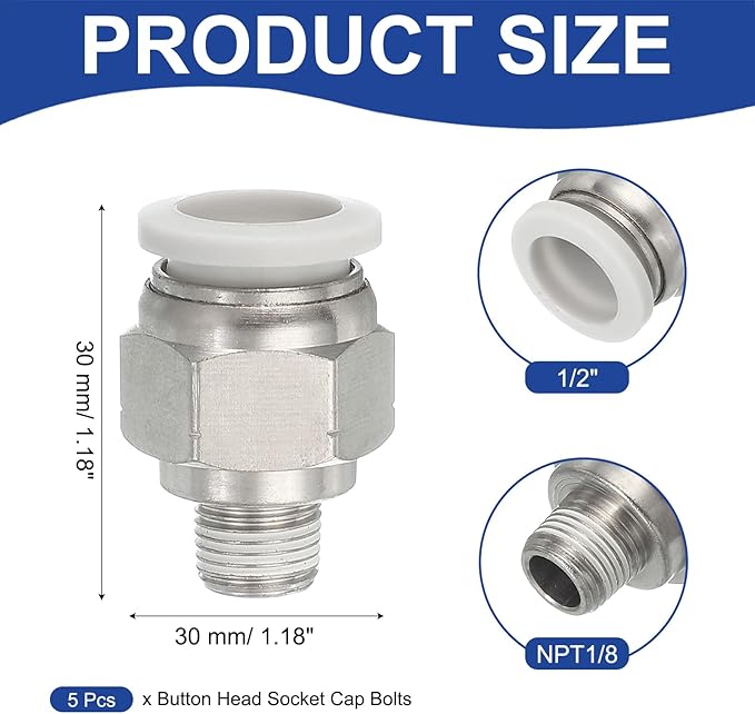 MECCANIXITY 5 Pcs NPT Push to Connect Air Fittings, Male Straight 1/2" Tube OD x 1/8" NPT Thread Air Quick Connector Coupling Adapter for Gas Hose Pneumatic Tools, White