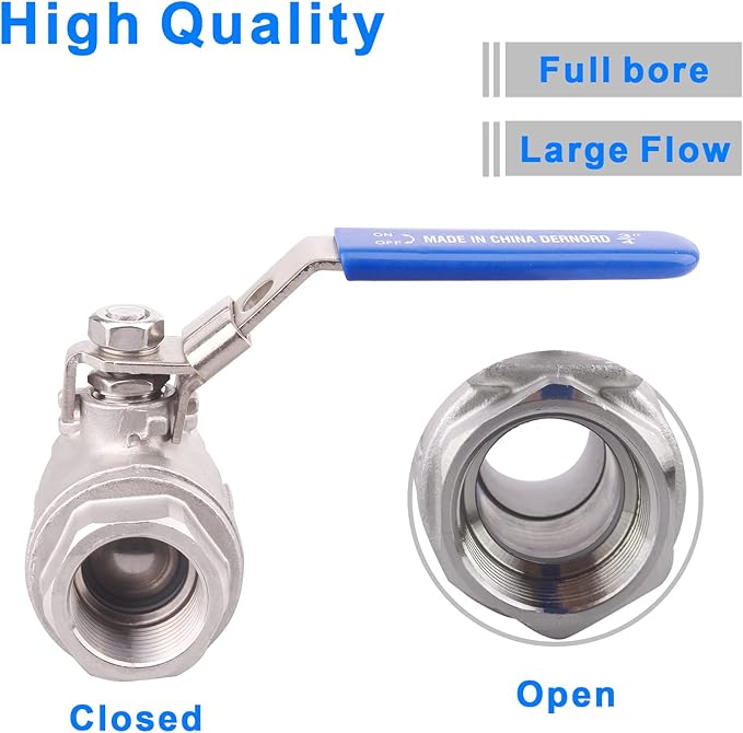 DERNORD Stainless Steel 304 Ball Valve, Full Port Heavy Duty for WOG with Locking Device (3/4" NPT)