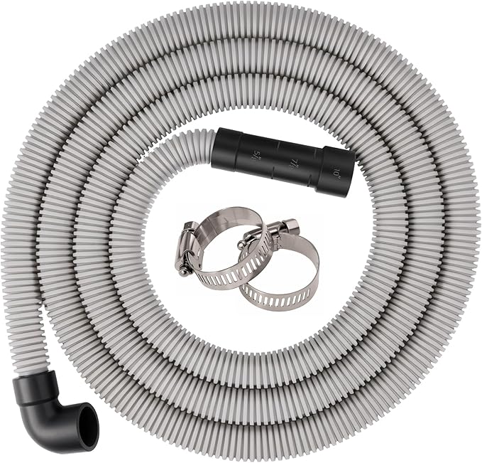 Dishwasher Drain Hose, 1Plusselect 8FT Universal Replacement Discharge Dishwasher Extension Fit 5/8 Inch, 7/8 Inch or 1 Inch OD Drain Outlet 90 Degree Rubber Elbow for Dishwasher & Other Applications