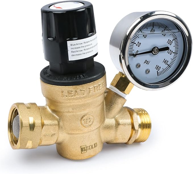 U.S. Solid 3/4" GHT RV Water Pressure Regulator, Handwheel Adjustable Lead-Free Brass Regulator Valve with Gauge & Filter for RV, Camper & Garden Hose