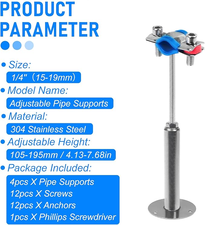 Kodilin 4PCS 304 Stainless Steel Wall Mount Ceiling Mount Pipe Supports,Suitable for OD Pipe 1/4"(15-19mm),Adjustable Height 100-200mm,Adjustable Pipe Strap Clamp with Screws