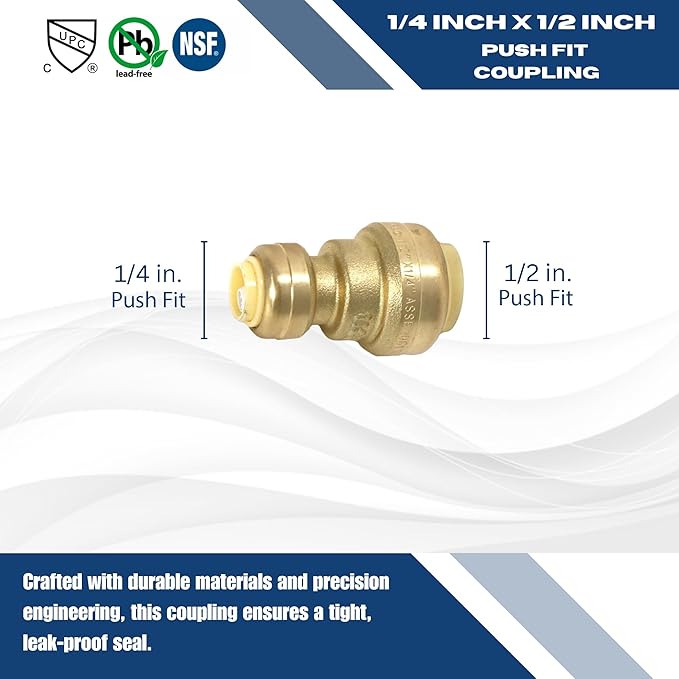 XFITTING Push Fit 1/2 Inch x 1/4 Inch Push Fit Coupling, Push Fit Reducing Coupling, 28-6-4=10XX, 10 Pieces