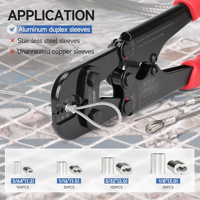 iCrimp Wire Rope Crimping Tool, 3/64-inch to 1/8-inch, Swager Kit with 330pcs Loop Sleeve and 45pcs Stainless Steel Thimble, Fishing Crimping Tool IWS-1608MC