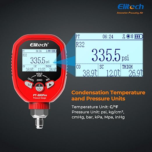Elitech PT-800Pro Digital Pressure Gauge – High Pressure HVAC Refrigeration Manifold Gauge with Bluetooth, Temperature Clamp, and Leak Detection
