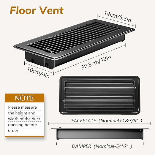 Floor Vents Floor Registers 4x12 Inch, Heavy Duty Metal Hot Air Vent Covers 4x12 Inch with Rust-Proof Finish for Home Heater Floor Vent Grilles and Vents (2, Black, 4x12 Inches)