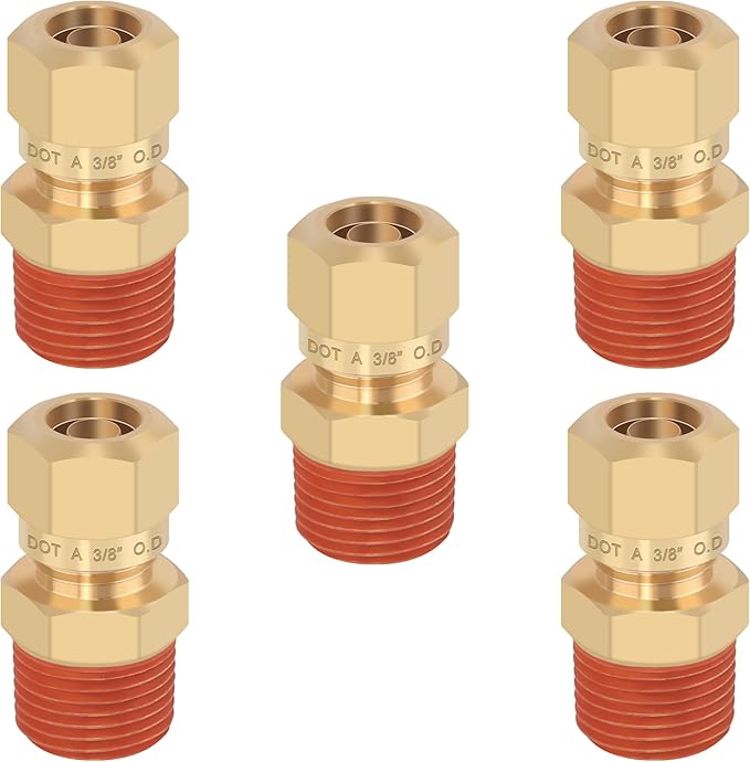 5PCS 3/8" Tube OD x 3/8" NPT Thread Connect Fittings Brass Union Straight Joint DOT Approved, Air Line Adapter Air Suspension Kit for Truck Trailers and Air Brake System