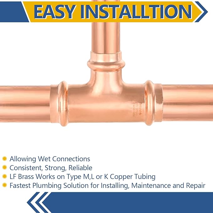 10-Pack GUOFIS Copper Press Tee,1" x 1" x 3/4" Tee Fittings for Copper Tube Connection with Stop(PRESS010-10Pack)