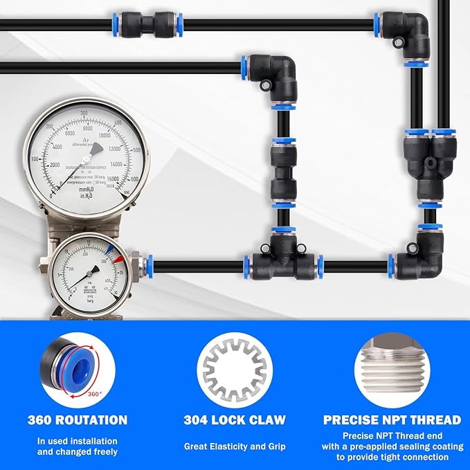 Air Line Tubing Kit, 1/4" 3/8" Air Line Quick Connect Fittings with 1/4" OD x 32.8 FT (10M) & 3/8" OD x 32.8 FT (10 M) DOT Nylon Air Hose Tubing Pneumatic Push Lock Fittings Kit (50 Pcs)