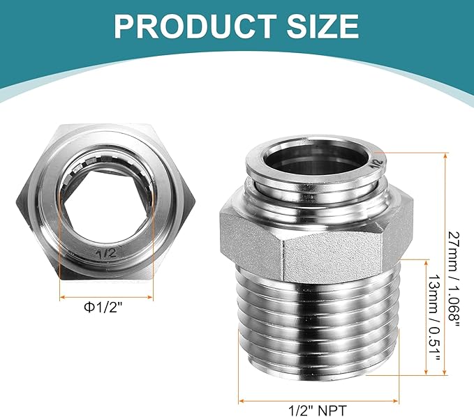 HARFINGTON Push to Connect Fittings 1/2" Tube OD x 1/2" NPT Thread Male Straight Union Fittings 304 Stainless Steel Quick Connect Pneumatic Accessories for Trailers Air Brake System