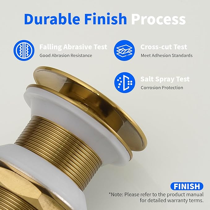 BWE Brushed Gold Pop Up Drain for Bathroom Sink Without Overflow Bathroom Sink Stopper Assembly with Sink Drain Strainer, Brass