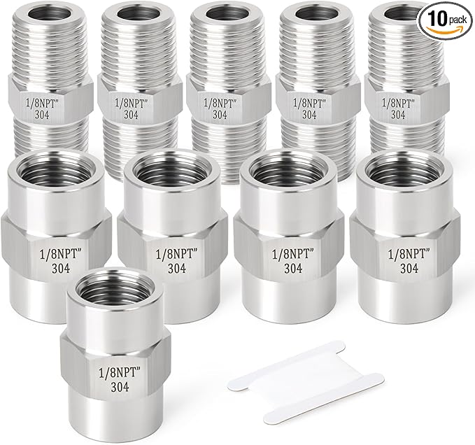 GASHER 10PCS 304 Stainless Steel Pipe Fitting, Hex Nipple Hex Coupling, 1/8" x 1/8" NPT Male Thread Pipe, 1/8Inch x 1/8Inch NPT Female Thread Pipe