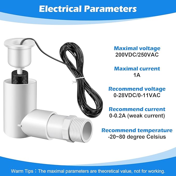 6 Pack SS2 Float Switch for Easy Installation, AC Float Switch with 3/4 Inch Adaptor and 6ft Wire, Water Level Accessory for HVAC System with Condensate Overflow Detection