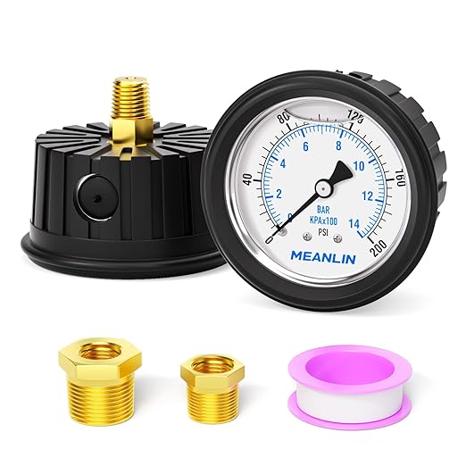 MEANLIN MEASURE 0~200Psi Stainless Steel 1/4" NPT 2.5" FACE DIAL,Liquid Filled Pressure Gauge, Center Back Mount (with Rubber Protective Sleeve), with 1/2" NPT and 3/8" NPT Hex Bushing