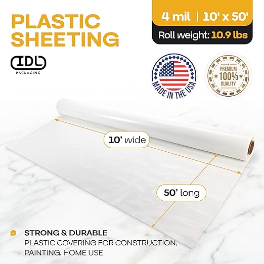 Plastic Sheeting 4 mil, 10' x 50' (500 sq. ft.) - Heavy Duty Semi-Clear Plastic Sheeting for Construction & Painting - Thick Plastic Sheeting for Drop Cloth - Durable LDPE Film Roll by IDL Packaging