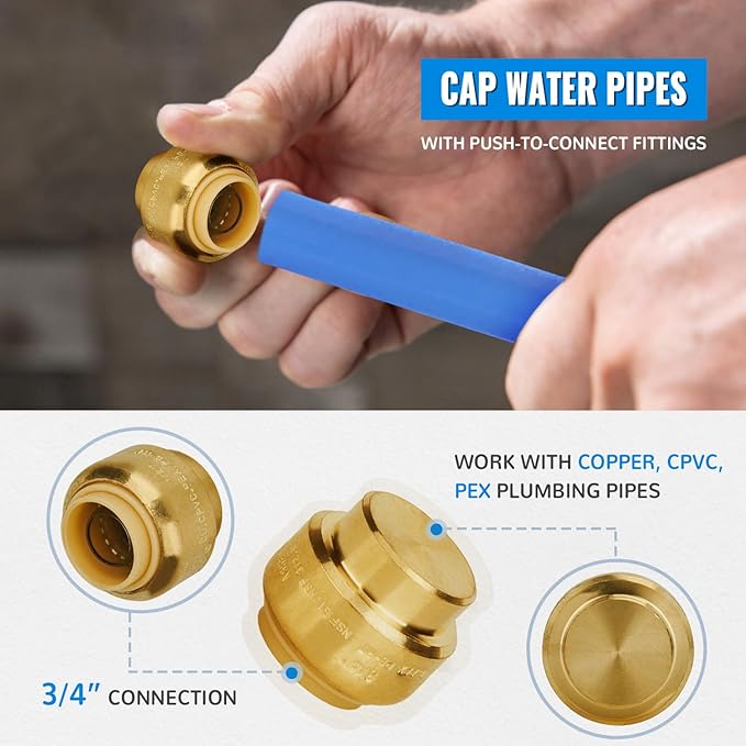 SUNGATOR End Cap, 3/4-Inch Push Fit PEX Cap Fittings, Push-to-Connect, No Lead Brass Plumbing Fittings for Copper, CPVC, Disconnect Clip Include (2-Pack)