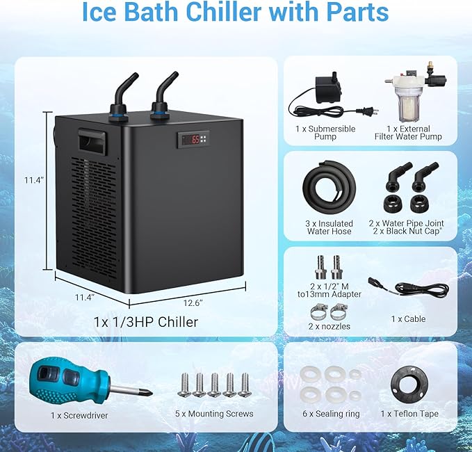 Ice Bath Chiller & Cold Plunge Tub Kit, 1/3 HP Cold Plunge Chiller with External Filter & Pump, 100Gal Ice Pod, Cold Plunge Tub with Water Chiller for Cold Therapy