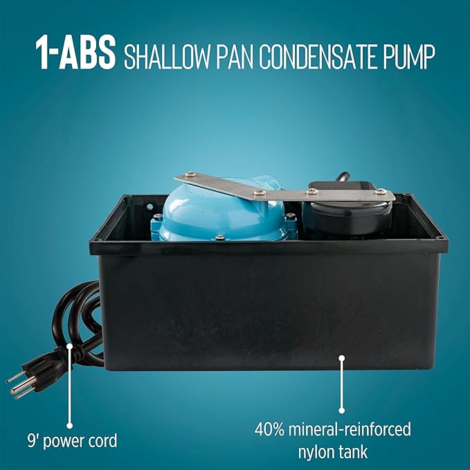 Little Giant 1-ABS 115-volt, 1/150 HP, 205 GPH Automatic Shallow Pan Condensate Removal Pump for Ceiling Mounted Air Conditioners or Dehumidifiers, with Condensate Collection Tank, Black/Blue, 550522