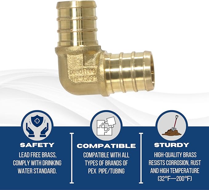 XFITTING Pex 5/8 Inch x 5/8 Inch Pex Elbow Brass Crimp Fitting, 25-6-1=5X, 5 Pieces