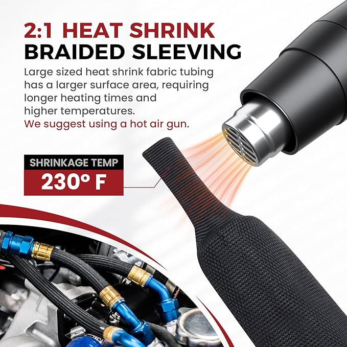 Braided Sleeving 2:1 Shrinkable Fabric Heat Shrink Tubing- Abrasion Protection Flexibility Wiring Harness Cable Sheath (1/2" ID, 16ft)