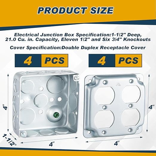 4 Set 4 × 4" Electrical Junction Box with Cover Electrical Metal Outlet Box, 21.0 Cu. in. Capacity Receptacle Exposed Work Cover, 1-1/2'' Deep(Double Duplex)