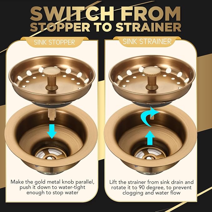 LEIFIDE 2 Pcs Champagne Brown Kitchen Sink Drain - Fit 3.5 Inch Standard Sink 304 Stainless Steel Brushed Brass Drain Strainer Basket with Knob Rubber Stopper Bottom