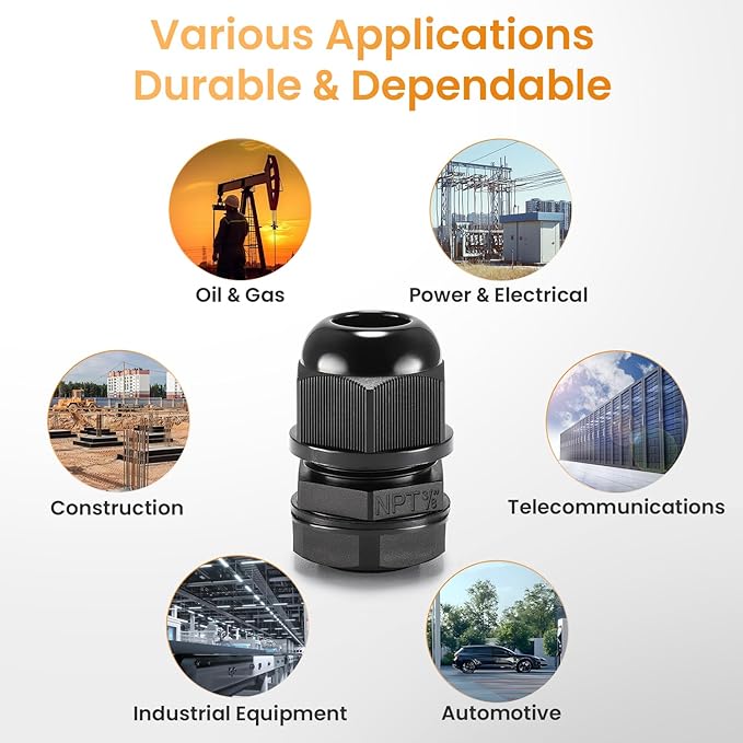QILIPSU 12pcs 3/8" NPT Cable Gland Waterproof IP68 Nylon Cable Pass Through Cord Grip Connector Strain Relief Wire Grommet
