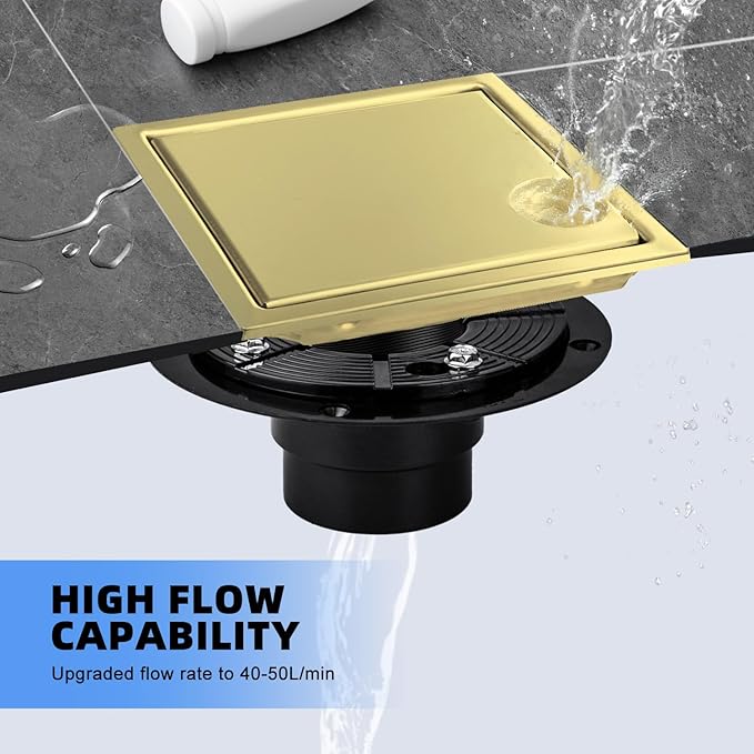 morefine Gold Shower Floor Drain 6 inch with Flange, Square Shower Drain with 2 in 1 Tile-Insert Cover, SUS 304 Stainless Steel, Brushed Gold