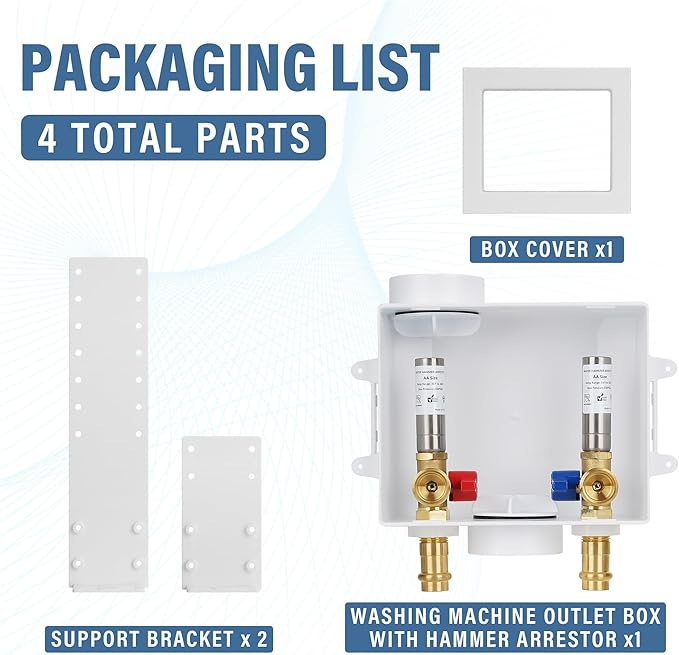 Press Washing Machine Outlet Box with Stainless Steel Water Hammer Arrestor, with Center Drain, 1/2 Inch Press x 3/4 Inch MHT, Washer Faucet Recessed Box, Laundry Washer Valve Outlet Box