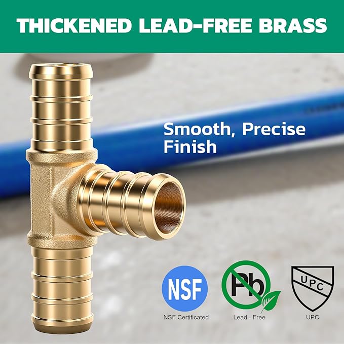 PEX Fittings 1/2 Inch, 12PCS Tee Lead-Free Brass Connectors for PEX B Pipe, NSF UPC Certified, ASTM F1807, Compatible with Crimp/Clamp Rings (Hot/Cold Water, Hydronic Heating)