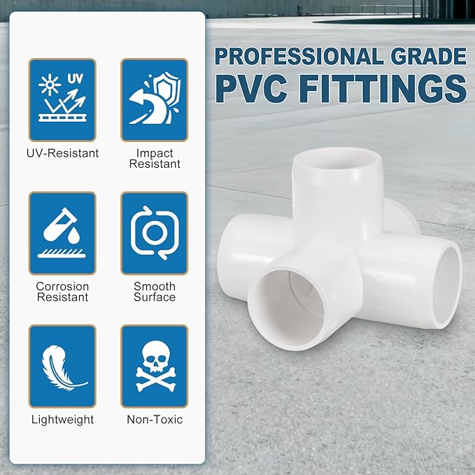 2 Pack 3/4" SCH40 PVC Elbow Pipe Fitting, 5-Way PVC Elbow Corner Side Outlet Cross Fitting, Furniture Grade Pipe Connectors for DIY Project, Pond Protection, Socket x Socket, White