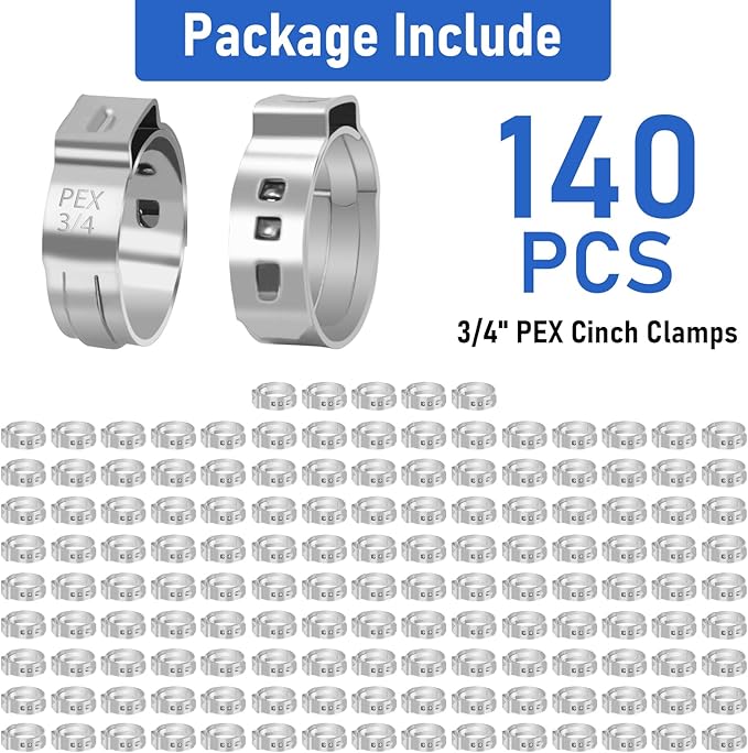 Kodilin 140-Pack 3/4 Pex Crimp Rings, Heavy-Duty 304 Stainless Steel Single Ear Pex Clamps Wider & Thicker Pex Cinch Clamps for Superior Grip & 360° Seal, Fits PEX Tubing Pipe Fitting Connections