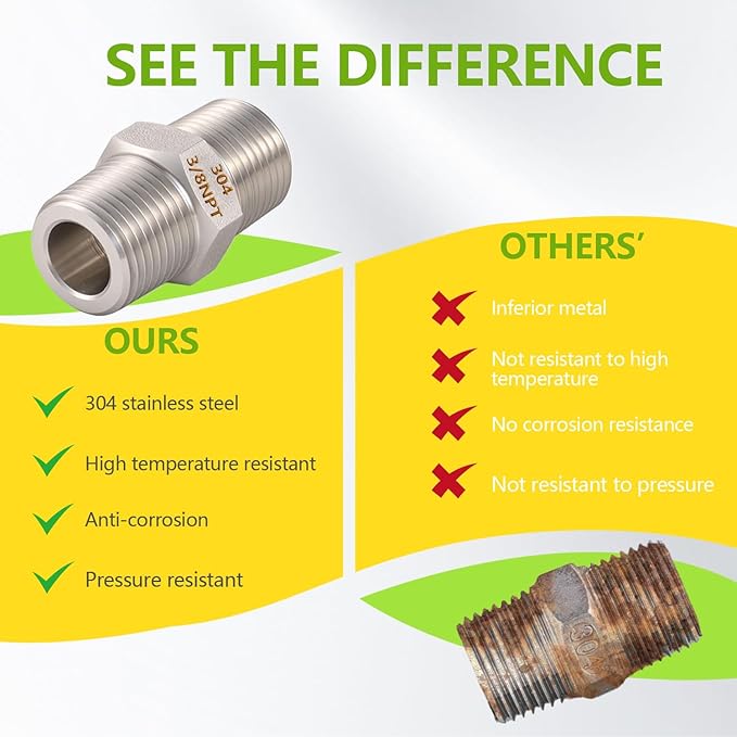 2PCS Hex Nipple 3/8" x 3/8" Male Pipe Fittings, 304 Stainless Steel 3/8 inch NPT Threaded Pipe Adapter Fittings, Male Straight Connector Pipe Fitting