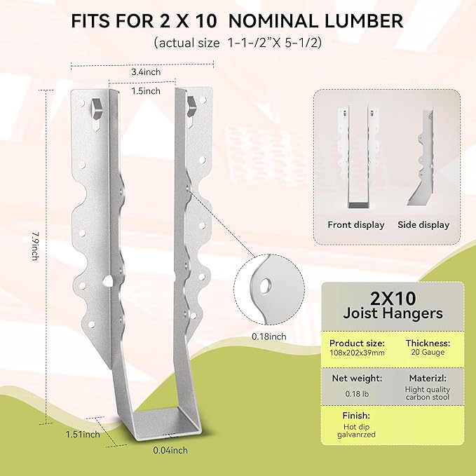20pcs 2x10 Joist Hanger,LU210 20 Gauge Galvanizing Face Mount Joist Hangers for Wood,Hurricane Tie for Rafter Fits Truss Connectors,Rafter Hangers 2x10 Great for Floor Deck and Ceiling Joists