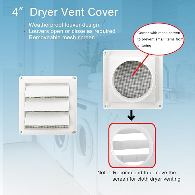 Dryer Vent Kit 4 Inch with Metal Bird Guard, Wall Sleeve & Wall Plate, Hose Connector Wall Venting Kit for Cloth Dryer AC Ventilation Exhaust Fan Ceiling Fan, Low Profile, White