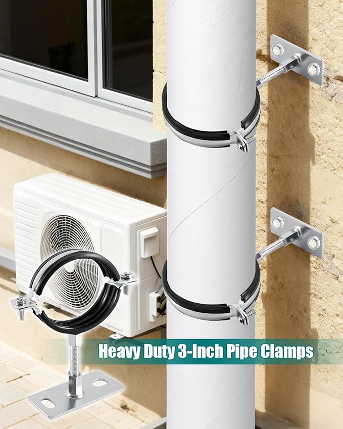2 Pack 3 Inch Pipe Support Clamps Mount with Rubber Pad, Industrial Galvanized Steel Hanger Brackets for Ventilation & Drainage Systems