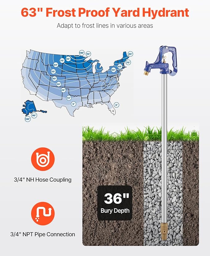 VEVOR Frost Proof Yard Hydrant, 5.25 FT Freeze-Proof Outdoor Faucet with 36" Bury Dept, 3/4" NPT Pipe Connection & 3/4" NH Hose Coupling, Heavy-Duty Cast Iron Hydrant for Yard, Garden, Farm Irrigation
