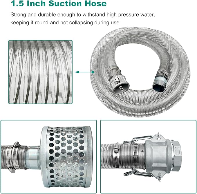 Pump Water hose Discharge 1.5" x 20' Suction Hose With Aluminum Camlock A C Fittings, Heavy Duty Three layer Backwash Drain Hose for pool, Backwash Hose, Lawn,Garden