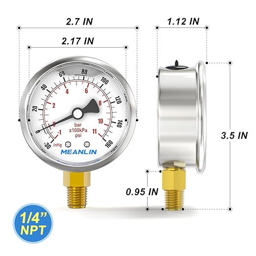 MEANLIN MEASURE -30inHG~160Psi Stainless Steel 1/4" NPT 2.5" FACE DIAL Vacuum Pressure Gauge, Lower Mount, with 1/4" x 1/2" NPT and 1/4" x 3/8" NPT Hex Bushing