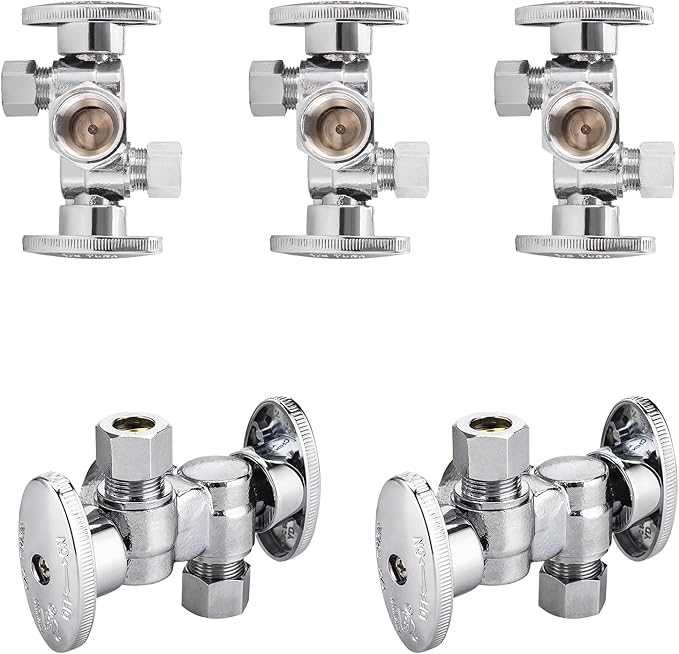 5-Pack Foskan Dual 1/4 Turn Angle Stop Valve with 2 Shut Off Valve/Handles, 1/2" FIP x 3/8" OD x 3/8" OD,Chrome Plated Brass