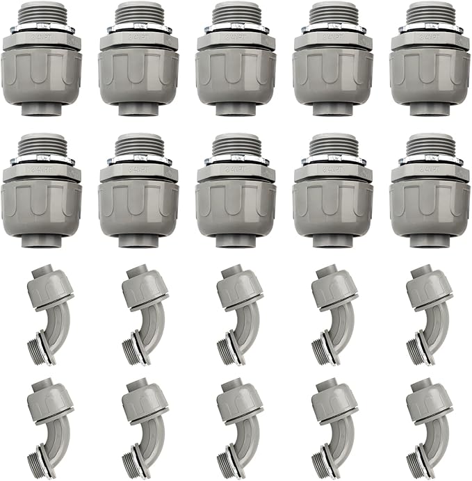 Conduit Connectors, 3/4 Inch Liquid Tight Connector NPT Non-Metallic for PVC Electrical Flexible Conduit Fittings, 10 Straight and 10 Angle 90 Degree, UL Listed, Grey (20-Pack)