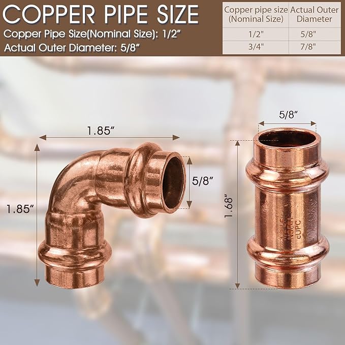 Copper Press Fittings 1/2inch Copper Coupling with Stop&Copper 90 degree Elbow with 1/2 Inch PxP, 1/2” 6PKPress Fittings Coupling with Stop+6PK 90 Degree Elbow,OD 5/8",Use with Hydraulic Press Fitting