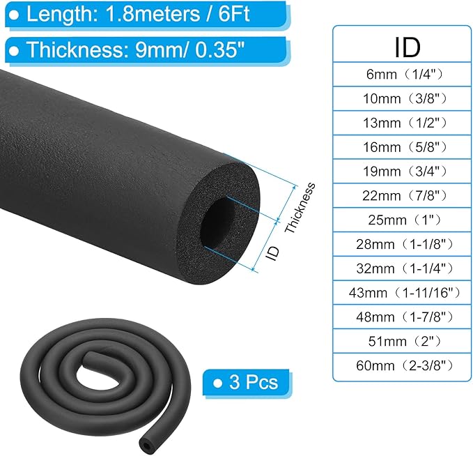 PATIKIL 1/4"(6mm) ID x 6Ft Pipe Insulation Foam Tube, 3Pcs Pipe Cover Wrap Roll Bar Padding Tubing for Handle Grip HVAC Outdoor Air Conditioner Units