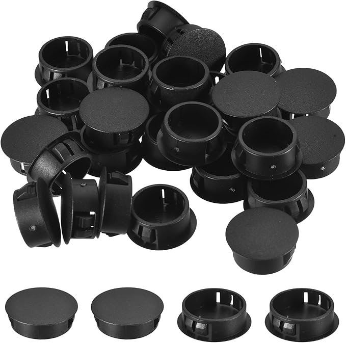 uxcell 1-1/4" Plastic Hole Plugs, 36Pcs Flush Type Panel Round Snap in Fastener Knockout Locking Plugs for Furniture Insert End Caps Panels, Black