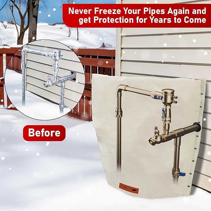 Redford Supply Co. Cold Snap (5°F) Backflow Preventer Insulation Cover, 3-Way Custom, 14" W x 14" H, Pipe Insulation, Water Sprinkler Covers for Outside, Sprinkler Backflow Cover for Winter (Beige)
