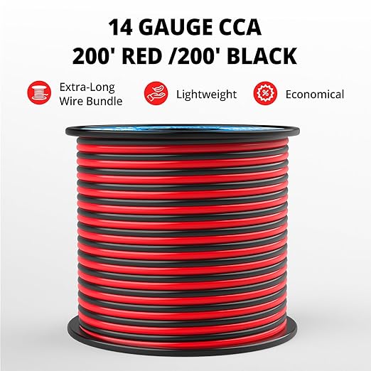NAOEVO 14 Gauge Wire 200FT, 2 Conductors Electrical Wire Red Black Cable, Flexible/Low Voltage/PVC 14 AWG Copper Clad Aluminum Extension Cord for Speaker, LED Strips, Automotive 12V/24V DC
