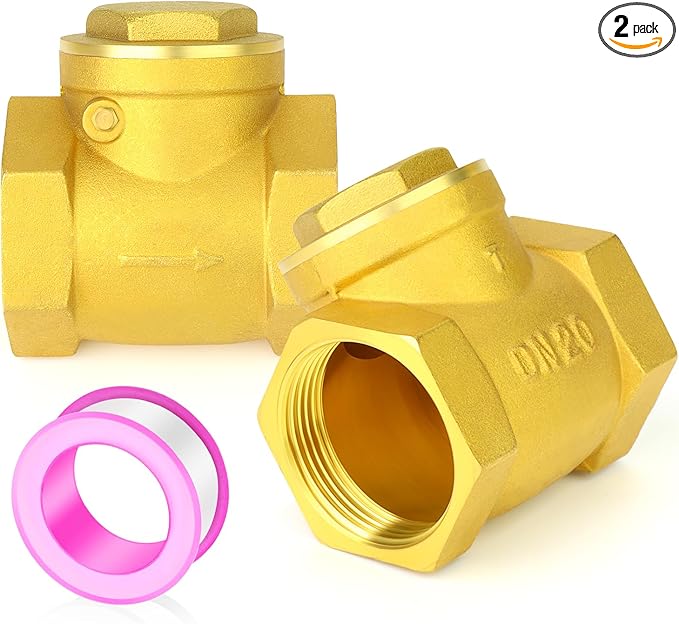 GASHER 2PCS Brass Swing Check Valve 3/4" Female Thread, Backflow Prevention, One Way Check Valves for Sump Pump and Air Compressor, Gas Air Fuel Oil Water