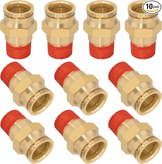 3/4" Quick Push to Connect Fittings Brass Union Straight Joint DOT Approved 3/4" Tube OD x 1/2" NPT Thread Air Line Adapter Air Suspension Kit for Truck Trailers and Air Brake System 10pcs